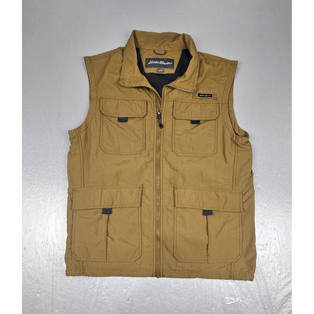 Eddie Bauer Vest Mens Medium Beige Utility Safari Travel Hiking Outdoor